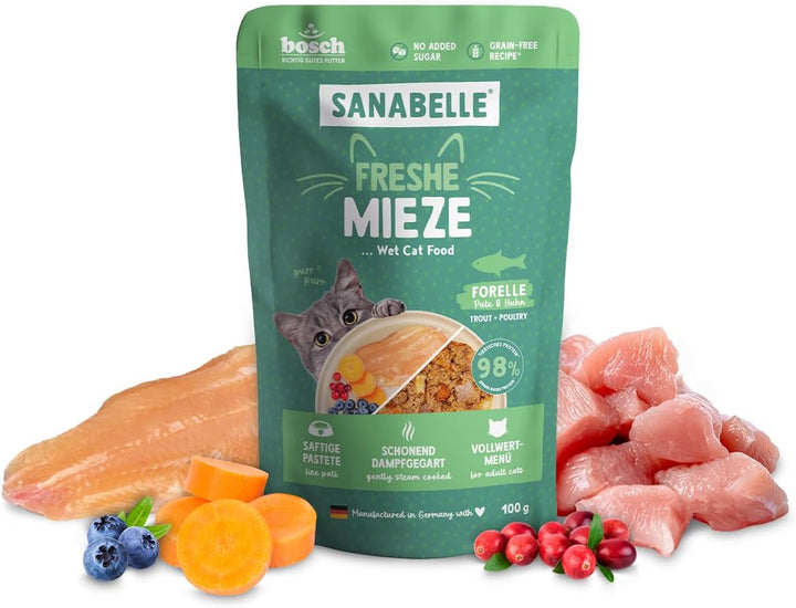 Sanabelle Freshe Mieze - Păstrăv, curcan și pui | Pungi de 100 g complet reciclabile | Hrană umedă gătită cu aburi pentru pisici | Hrană pentru pisici ca proaspăt gătită | O marcă Bosch Pet Food