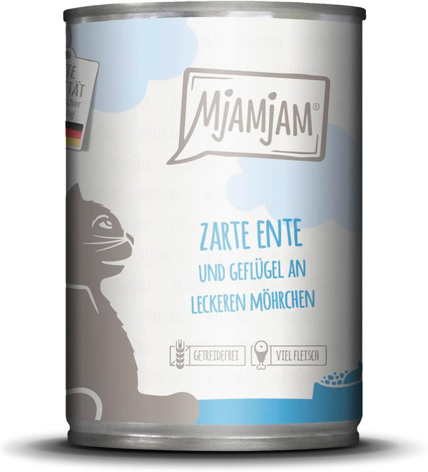 Mjamjam - Hrană umedă premium pentru pisici - Rață și pasăre fină cu morcovi delicioși, 1 pachet (1 X 400 G), fără cereale cu extra carne