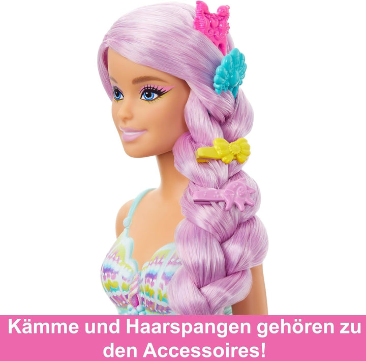 Păpușa Barbie Mermaid - cu păr lung roz și accesorii pentru styling personalizat, inclusiv perie, cochilie frumoasă și aripioare roz, pentru copii de la 3 ani, HRR00