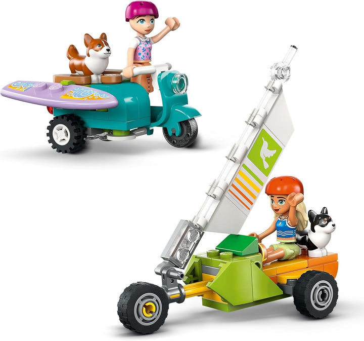 LEGO Friends Beach Adventure cu câini, jucărie de construcție pentru fete de la 6 ani, set de joacă pentru animale cu 2 minifigurine și 2 figuri Corgi, cadou pentru copii creativi, set de construcție de aventură cu placă de surf 42641