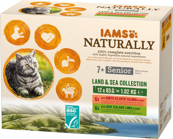 IAMS Naturally Senior Cat Food Wet in Sauce - Hrană umedă de înaltă calitate cu carne și pește pentru pisici în vârstă, Land & Sea Collection, 12 X 85 G