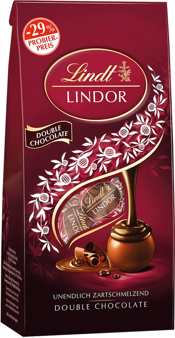 Lindt Schokolade LINDOR Kugeln Double Chocolate, Promotion | 137 G Beutel | Circa 10 Kugeln Vollmilchschokolade Mit Zartschmelzender Füllung | Pralinen-Geschenk | Schokoladen-Geschenk