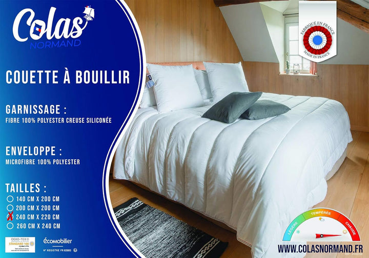 COLAS NORMAND Plapumă caldă, lavabilă la 95°C, 240 X 220 Cm, durabilă, microfibră, moale, mătăsoasă și confortabilă, fabricată în Franța, albă
