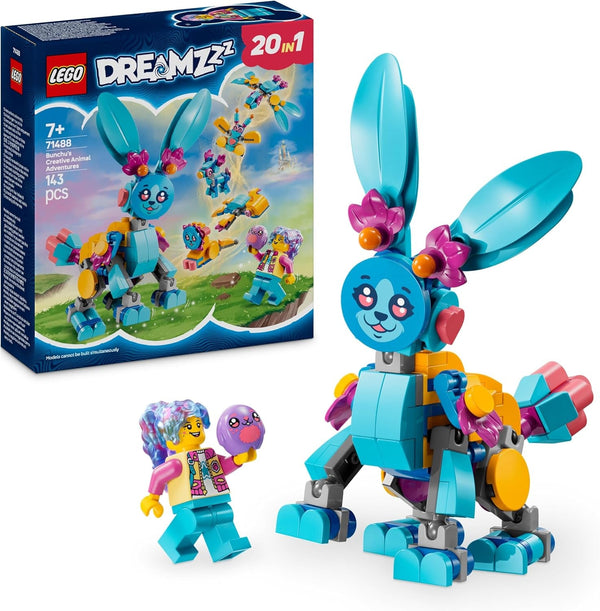LEGO Dreamzzz Bunchus Creative Animal Adventures, iepuraș de jucărie pentru copii, 20-In-1 Fantasy Playset cu Minifigure Izzie, cadou pentru fete și băieți de la 7 ani 71488
