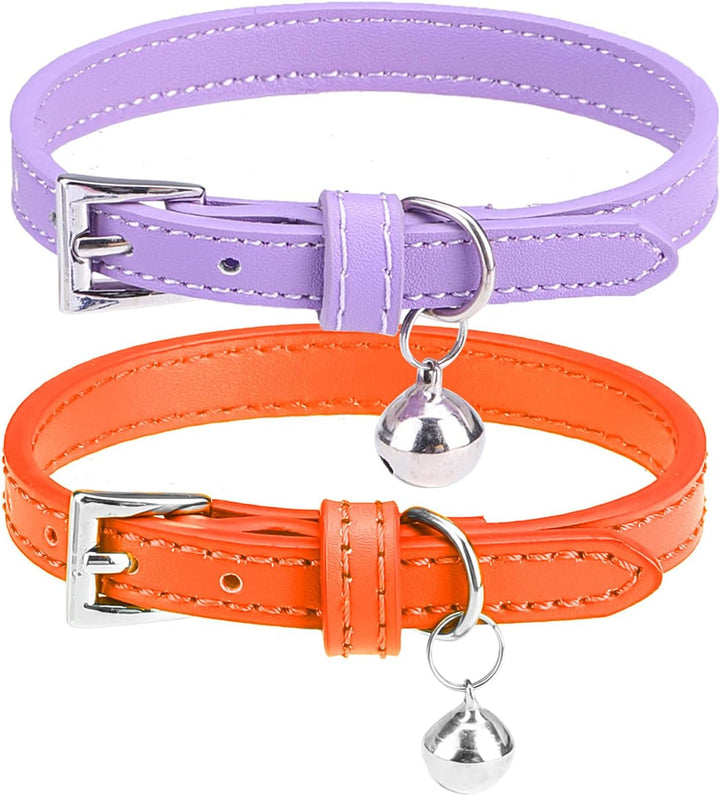 PUPTECK Zgardă pentru pisici din piele moale cu clopoțel pentru pisoi, 2 buc., portocaliu, violet, negru, kaki, albastru, roz-roșu, 22,1-26 cm (alb și verde închis, 22,1-26 cm)