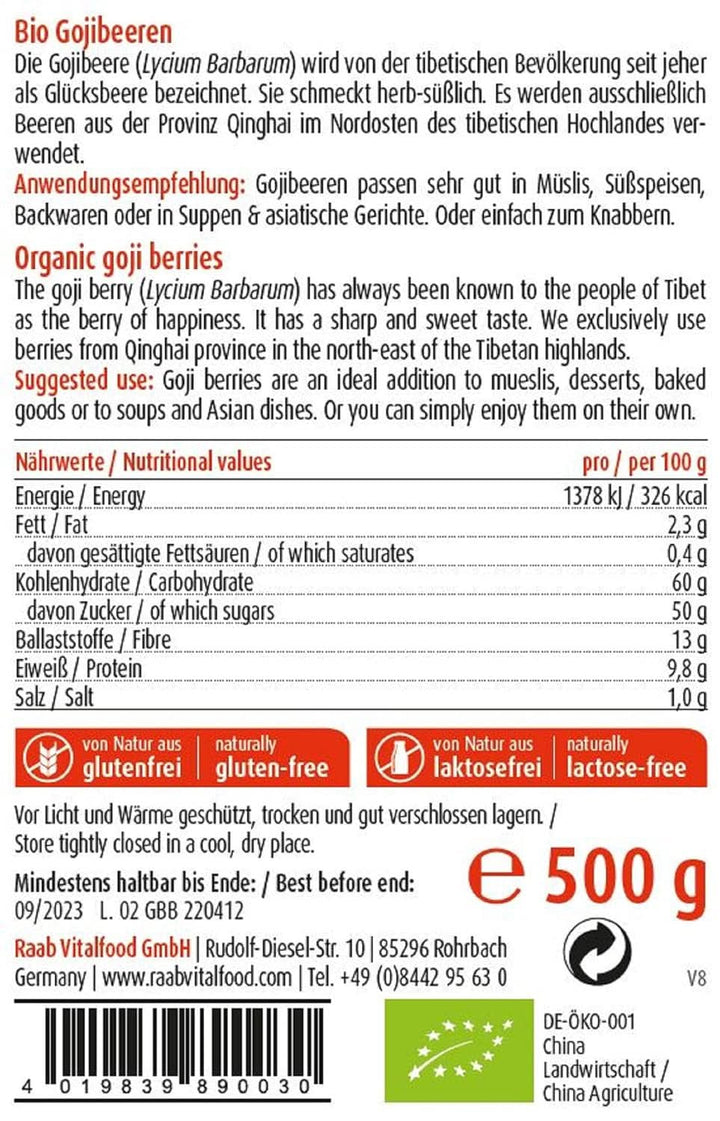 Raab Vitalfood Organic Goji Berries, calitate premium, 500 grame