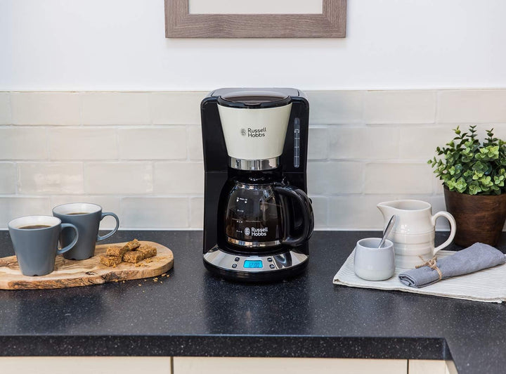 Cafetiera Russell Hobbs [cronometru digital, cap efervescent pentru extracție și aromă optime] Colours+ Cream (Max 10 cești, ulcior de sticlă de 1,25L, plită, 1100W) Filtru de cafea 24033-56