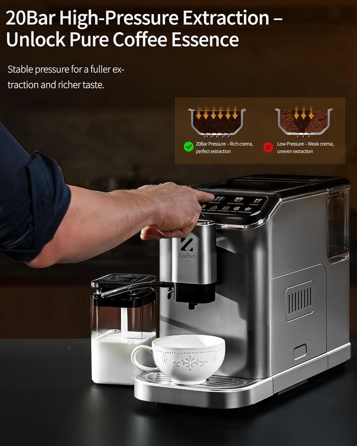 ZACHVO Mașină de cafea complet automată Cu recipient pentru lapte, 20 bar, râșniță cu 15 trepte, ecran tactil, control al temperaturii pid, curățare automată, 5 băuturi la apăsarea unui buton - latte, cappuccino și multe altele, compact