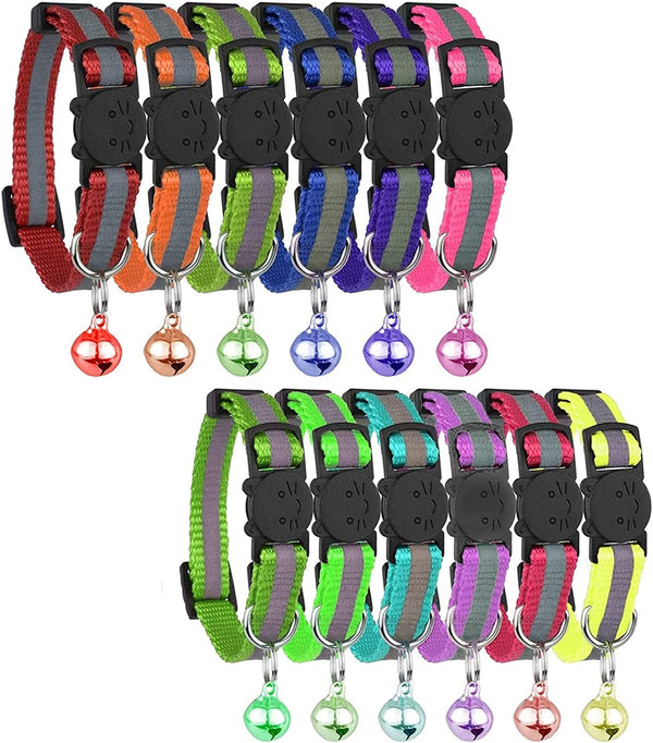 Zgardă pentru pisici cu clopoțel, 12 buc., zgărzi pentru pisici cu eliberare rapidă, reflectorizante, cu cataramă de siguranță, reglabile 20-34 cm, potrivite pentru toate pisicile domestice, căței, accesorii (bandă)