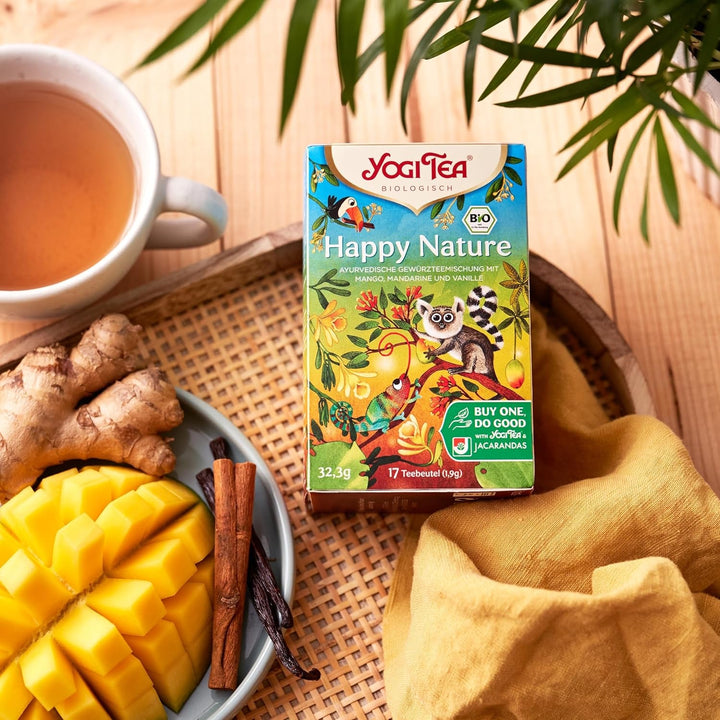 Yogi Tea - Happy Nature, Buy One and Do Good, ceai ayurvedic organic cu mirodenii și plante, amestec de mango, mandarină și vanilie, Yogi Tea pachet de 6, 6X17 pliculețe (102 pliculețe de ceai în total)