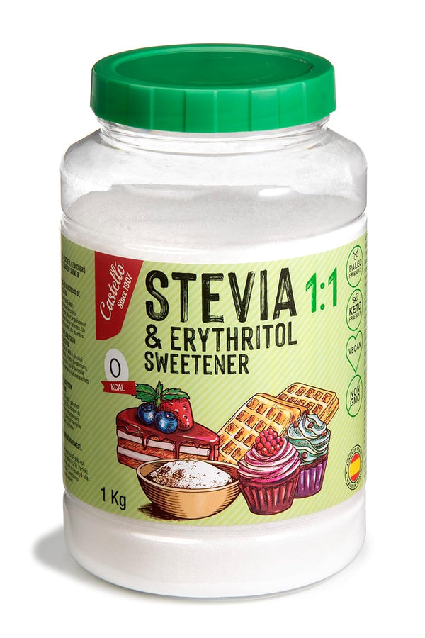 Stevia + Erythrit 1:1 Süßstoff | 1G = 1G Zucker | 100% Natürlicher Zuckerersatz - 0 Kalorien - 0 Glykämischer Index - Keto Und Paleo - 0 Netto-Kohlenhydrate - Kein GVO - Castello since 1907-1 Kg