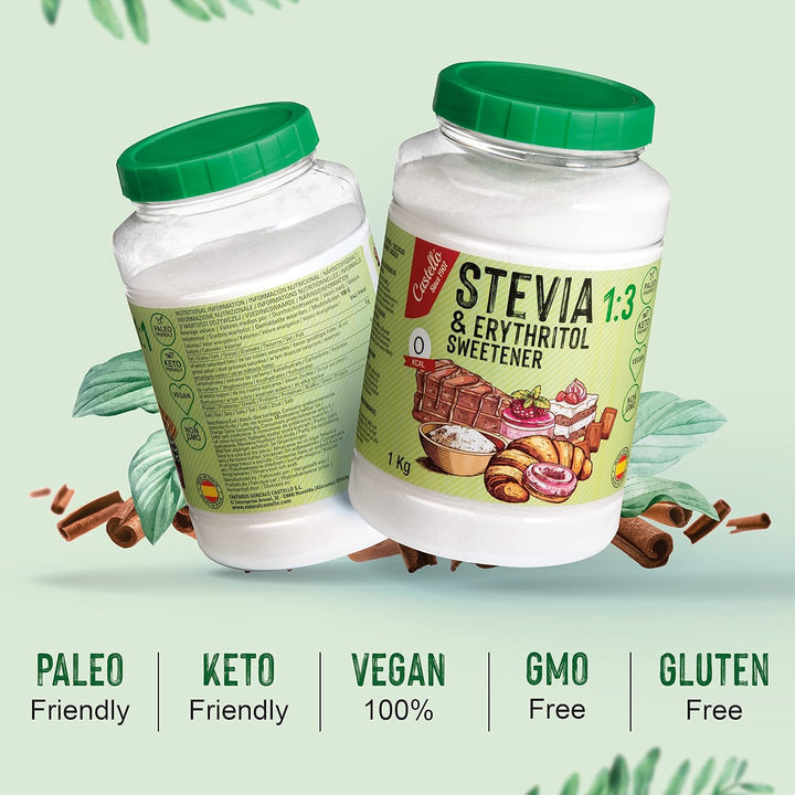 Stevia + Erythrit 1:3 Süßstoff | 1G = 3G Zucker | 100% Natürlicher Zuckerersatz - 0 Kalorien - 0 Glykämischer Index - Keto Und Paleo - 0 Netto-Kohlenhydrate - Kein GVO - Castello since 1907-1 Kg