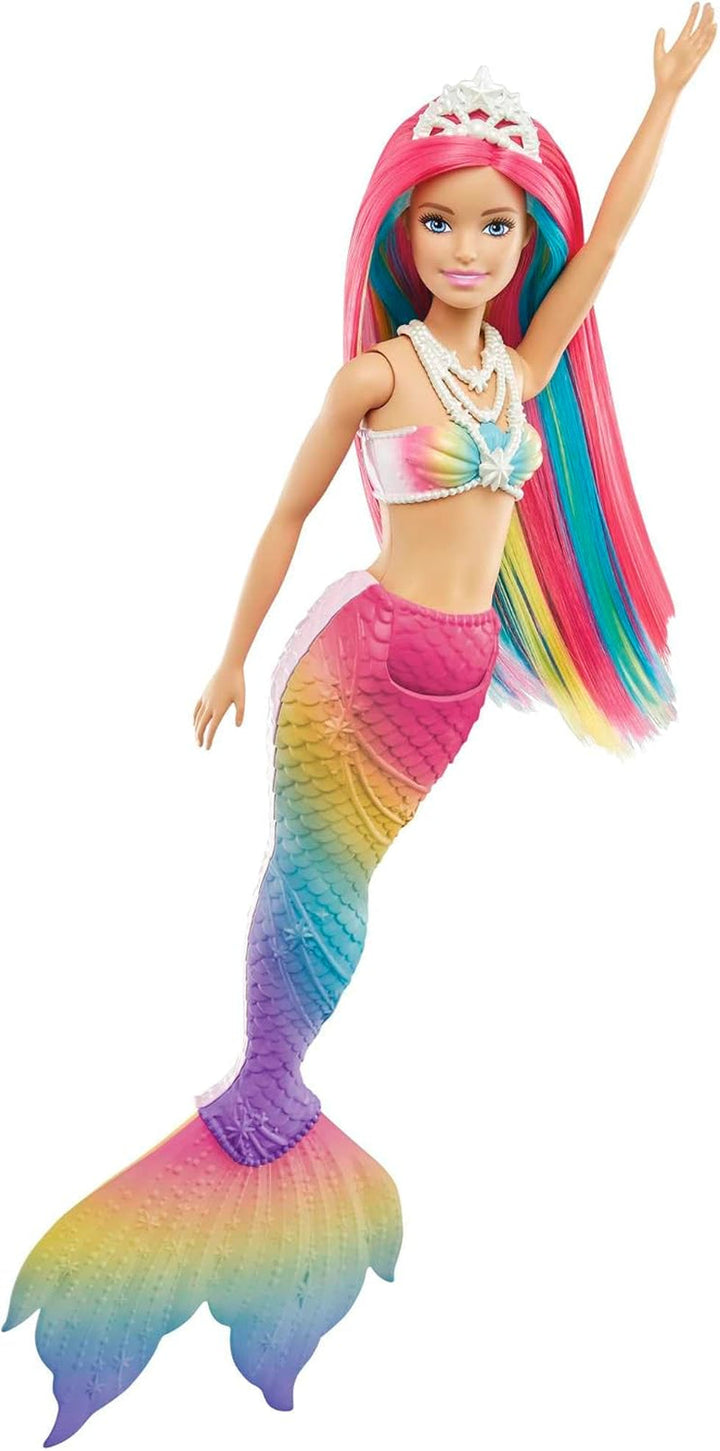Barbie Dreamtopia Rainbow Magic Mermaid, Barbie Mermaid cu păr curcubeu, păpușă care își schimbă culoarea activată de apă, jucărie de la 3 ani, cadou pentru fete, GTF89