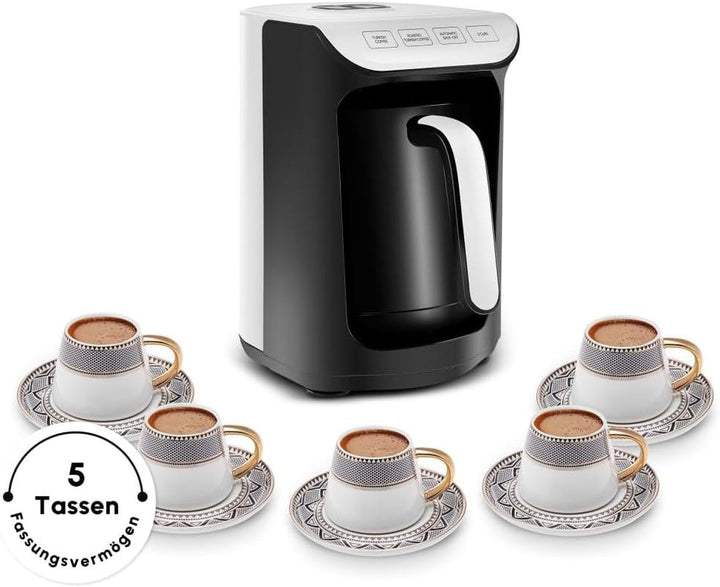 Cafetieră turcească Karaca HatÄ±r Köz, capacitate 300 ml, prepară 5 cești de cafea turcească, oprire automată și control al temperaturii, aromă autentică de cărbune, 535 W, alb