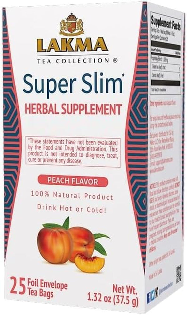 Lakma Super Slim Tea with Peach - 25 Tea Bags Tea USA Naty Shop Super Slim Tea With Peach Flavor 25 Count (Pack Of 1)