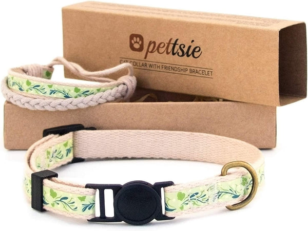 Set zgardă și brățară a prieteniei pentru pisici Pettsie, design sigur cu bumbac moale, inel D pentru accesorii, dimensiune ușor reglabilă 19-29 cm, verde