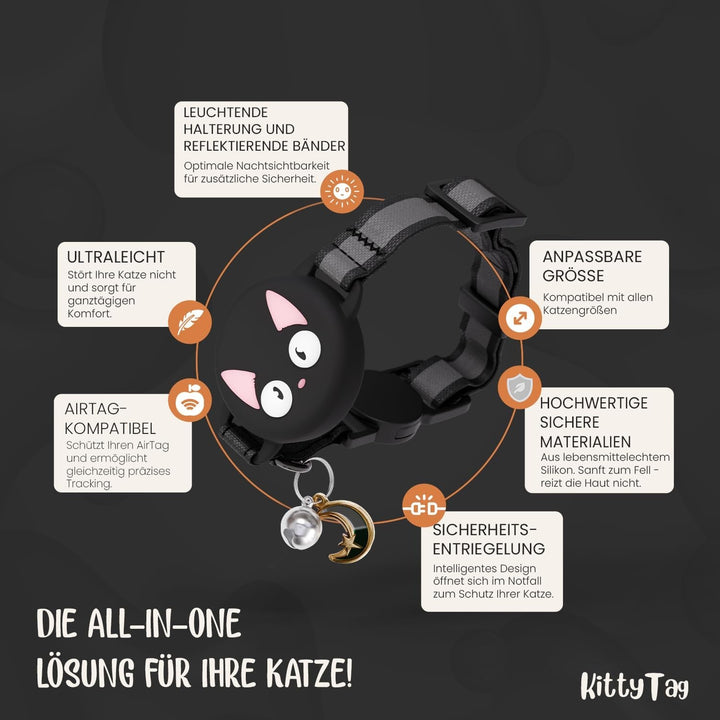 Zgardă pentru pisică cu accesorii, compatibilă cu Apple Airtag, reflectorizantă și luminosă, GPS, pisică cu anti-throttling, reglabilă, eticheta GPS Airtag nu este inclusă