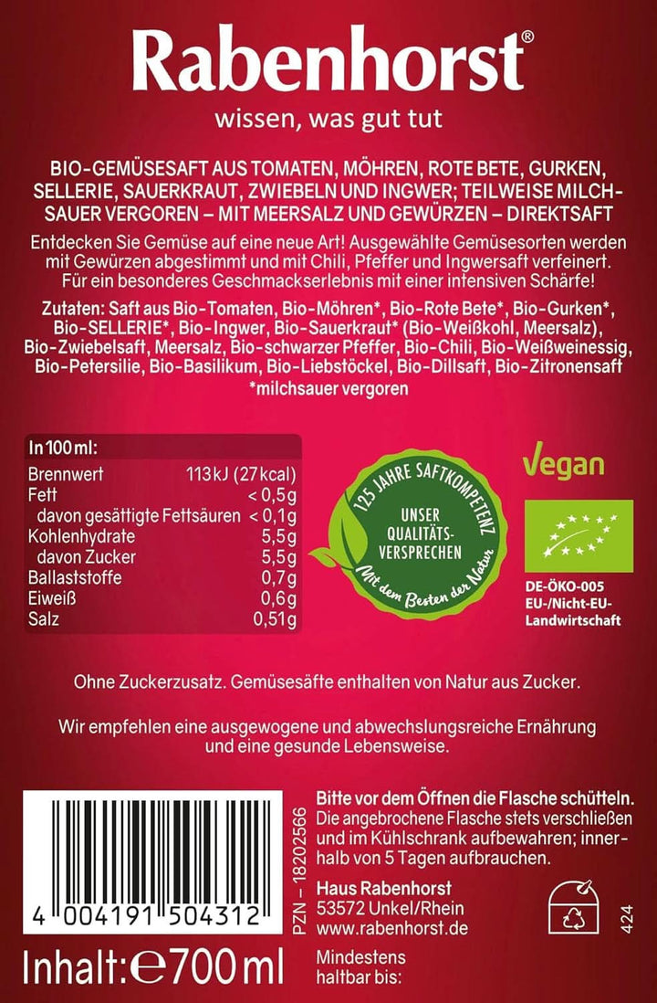 RABENHORST (6 x 700 ml) - Suc de legume de înaltă calitate din diferite legume cu o aromă picantă intensă