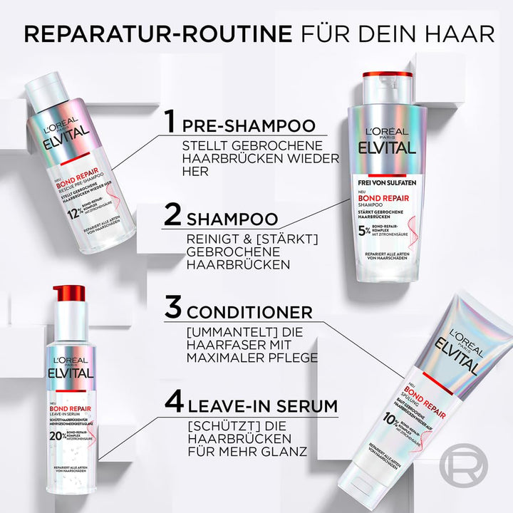 L'Oréal Paris Elvital Bond Repair Shampoo, Sanfte Reinigung Zur Haarreparatur, Gegen Haarschäden, Für Weniger Haarbruch Und Mehr Glanz, Sulfatfrei, Mit Bond-Repair-Komplex Und Zitronensäure, 200Ml