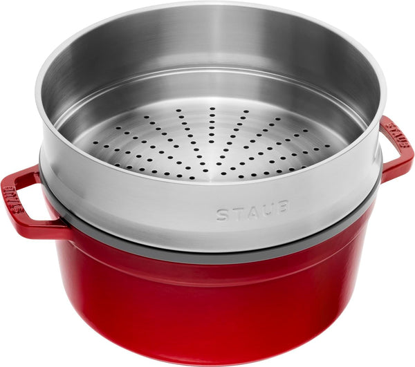 STAUB Gusseisen Bräter/Cocotte, Mit Dämpfeinsatz Aus Edelstahl, Rund 26 Cm, 5,2 L, Aromaregen Funktion Für Optimale Befeuchtung, Für Alle Herdarten Inkl. Induktion & Backofen, Kirschrot, Rot