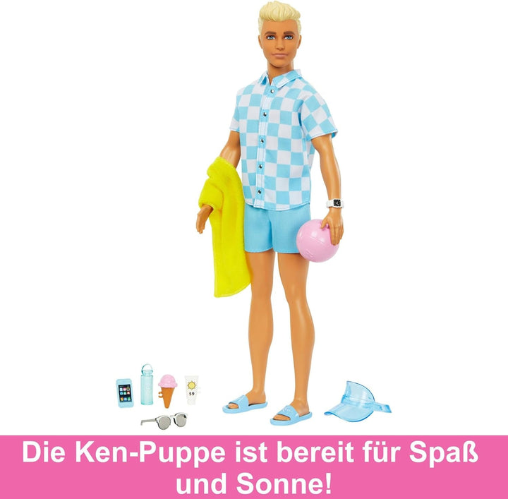 Barbie Ken - păpușă blondă cu cămașă albastră și costum de baie, accesorii de plajă și minge de plajă pentru jocuri creative, pentru copii de la 3 ani, HPL74