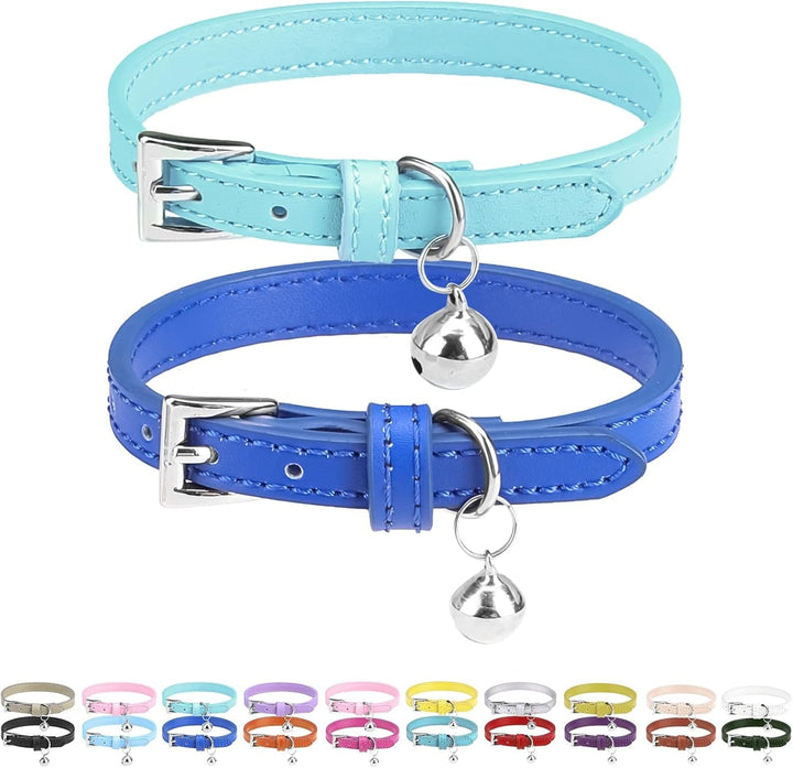 PUPTECK Zgardă pentru pisici din piele moale cu clopoțel pentru pisoi, 2 buc., portocaliu, violet, negru, kaki, albastru, roz-roșu, 22,1-26 cm (alb și verde închis, 22,1-26 cm)
