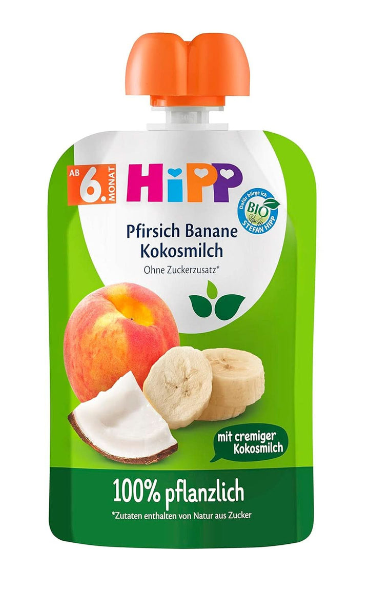 Hipp Frucht & Pflanzenmilch Im Quetschbeutel Für Babys Pfirsich Banane Mit Kokosmilch (4X4X90G), Klein