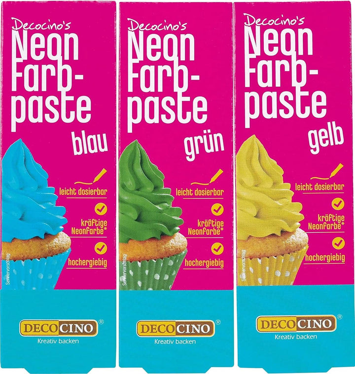 Decocino Neon Food Paste Set - 3 bucăți, colorant alimentar cu doză mare, pentru colorarea prăjiturilor, tartelor, brioșelor, cupcakes, neutru la gust