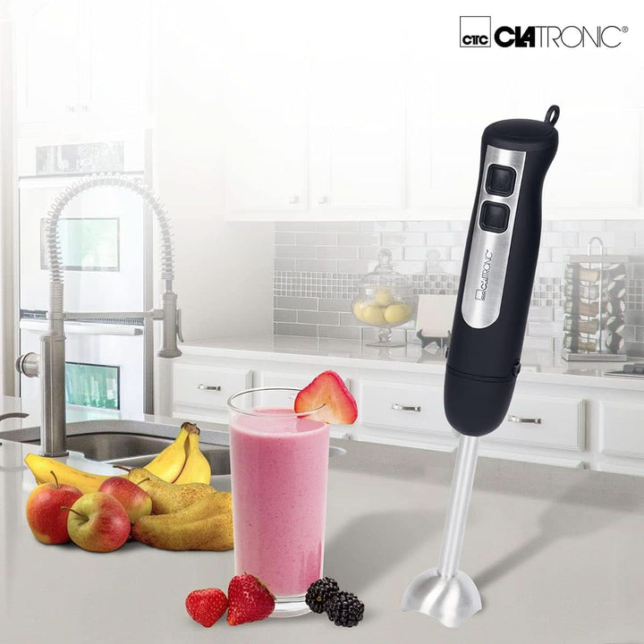 Clatronic Stabmixer SM 3739 Pürierstab, Handmixer, Mixer Für Smoothie, Shakes, 2 Stufen-Schalter, Multizerkleinerer, Edelstahl-Stab Und Messer, Aufhängeöse, 800 Watt Motor, Schwarz-Edelstahl