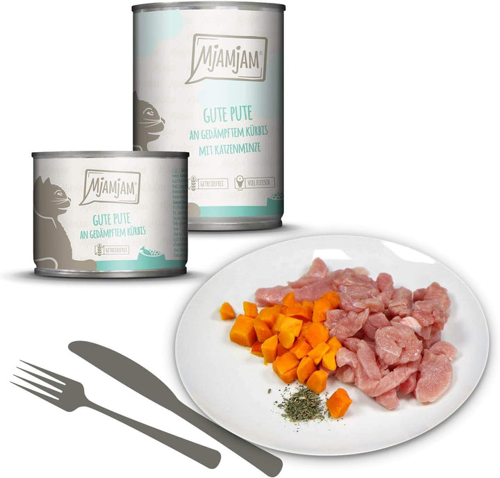 Mjamjam - Hrană umedă premium pentru pisici - Curcan bun cu dovleac aburit, pachet de 6 (6 X 800 G) & Hrană umedă premium pentru pisici - Rață și pasăre fragedă cu morcovi delicioși, pachet de 6 (6 X 800 G)
