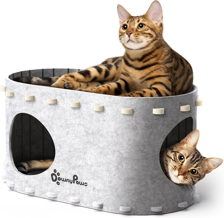 Peșteră pentru pisici Downypaws din fetru, pat pentru pisici cu 2 niveluri, căsuță tip castel pentru joacă, design cald, protecție pentru unghiile pisicii, bej