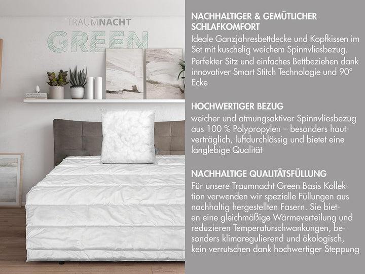 Set de pat de bază Traumnacht Green format dintr-o plapumă pentru tot anul, 135 X 200 cm + pernă 80 X 80 cm, certificat Oeko-Tex, produs în conformitate cu standardul de calitate german