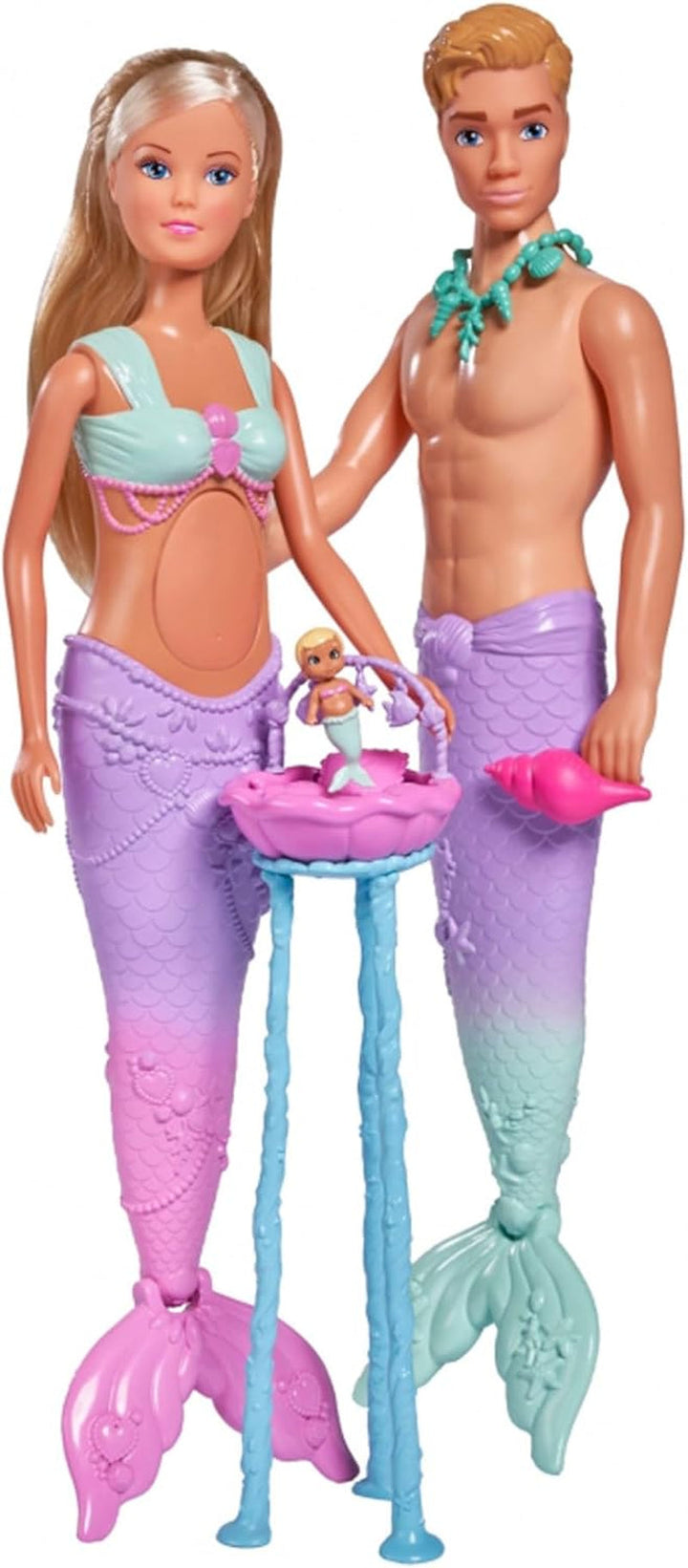 Simba 105733524 - Steffi Love Mermaid Family, păpușă ca sirenă însărcinată cu Kevin ca sirenă, cu pătuț pentru copil, 29cm păpuși dress-up, păpuși de joacă, pentru copii cu vârsta peste 3 ani