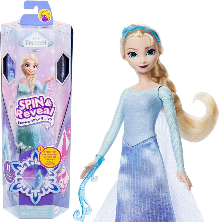 Mattel Disney The Ice Queen Elsa Fashion Doll Set, Spin & Reveal cu 11 surprize, inclusiv 5 accesorii, 5 autocolante și o scenă pentru joacă, inspirat de filmul Disney, HTG25