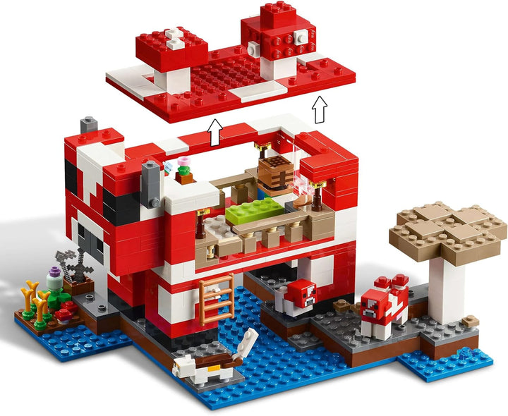 LEGO Minecraft The Mushroom Cow House, jucărie de construit pentru jocul video, model în țara ciupercilor cu minifigurine, Steve și alte personaje, set de joacă pentru băieți și fete de la 8 ani 21270