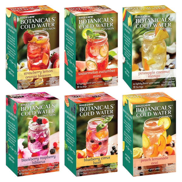 Bigelow Botanicals Cold Water Infusion Herbal Variety Pack, Caffeine Free Tea with Cranberry, Watermelon, Blackberry, Strawberry, Peach & Blueberry Flavor, 18 Count Box (Pack of 6), 108 Total Tea Bags Tea USA Naty Shop Cold Water Infusion Variety Pack 18 Count (Pack Of 6)