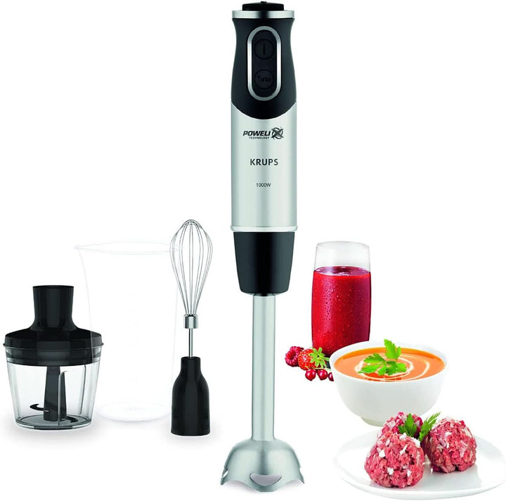 Krups Perfect Mix Stabmixer HZ6568 | Blender | 1000 Watt | Edelstahlfuß | 4 Extra Scharfe Messer | Powelix Technologie | Schneebesen | 500 Ml Zerkleinerer | 800 Ml Messbecher | Schwarz/Silber