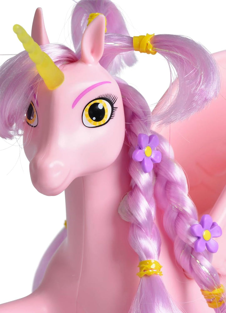 Simba 109480092 - Mia and Me Unicorn Kyara, cu aripi mobile, agrafe de păr și perie pentru coafat, 20 cm, de la 3 ani, roz