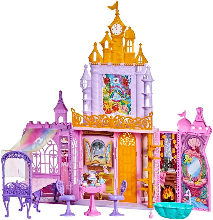 Castelul festiv al prințesei Disney pentru deplasare, casă de păpuși pliabilă cu mobilier și accesorii, pentru fete de la 3 ani