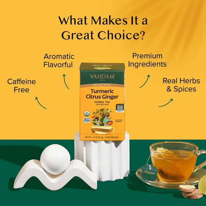 , Organic Turmeric Citrus Ginger Herbal Tea (18 Count) Caffeine Free, Gluten Free | 100% Pure Herbal Blend - Citrusy & Savory | Eco-Friendly Individually Wrapped Tea Bags | Direct from Source Tea USA Naty Shop