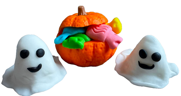 Lot de 3 décorations comestibles en pâte à sucre, Halloween, fantômes et citrouilles avec bonbons