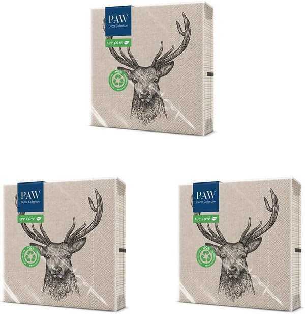 PAW Decor Collection X PAW Decor Collection Cm Șervețele de hârtie cu 3 straturi. 20 de bucăți. Imprimate cu culori pe bază de apă. Decorațiuni de masă. Natură, Hirsc, Paw_022022, căprioară, 33 X 33 Cm (pachet cu 3)