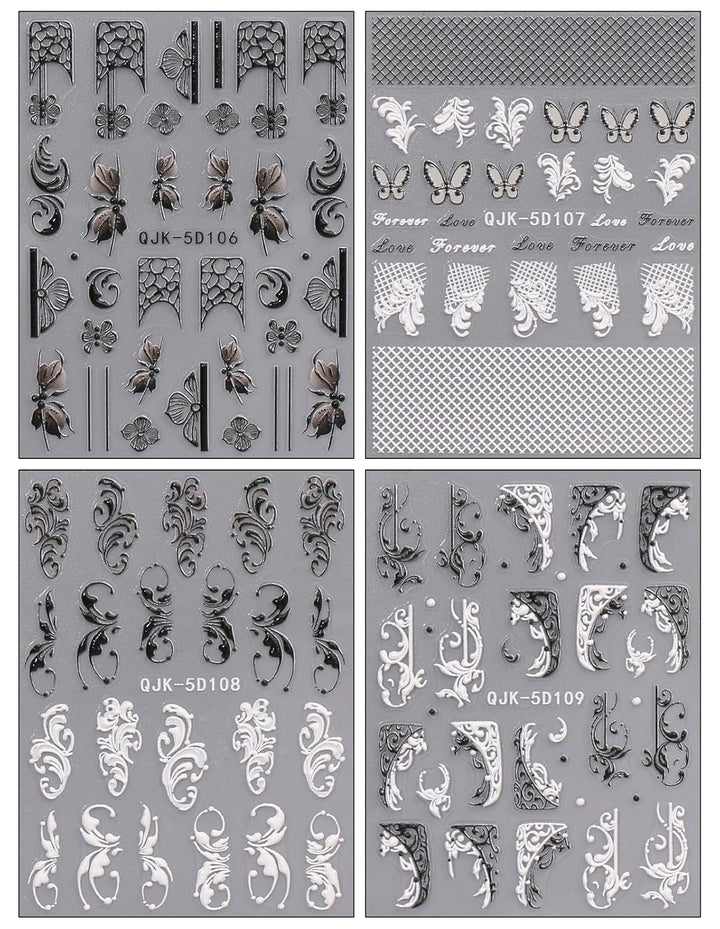 JMEOWIO 3D Nagelsticker Schwarz Weiß Blume Nail Art Sticker Selbstklebend Nagelaufkleber 5D Stereoskopisch Blumen Dekoration Nageldesign Zubehör 4 Blatt