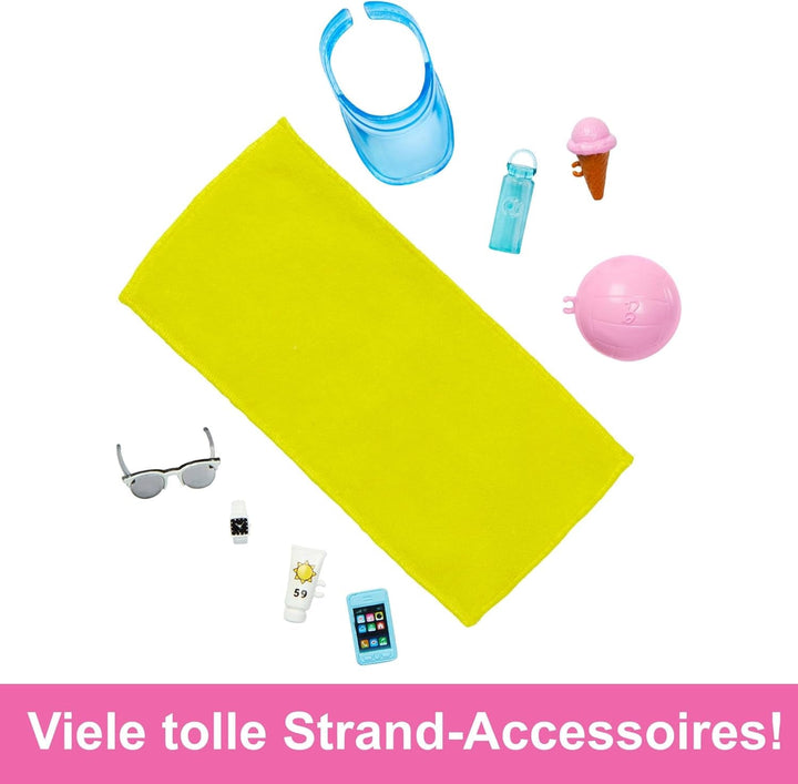 Barbie Ken - păpușă blondă cu cămașă albastră și costum de baie, accesorii de plajă și minge de plajă pentru jocuri creative, pentru copii de la 3 ani, HPL74