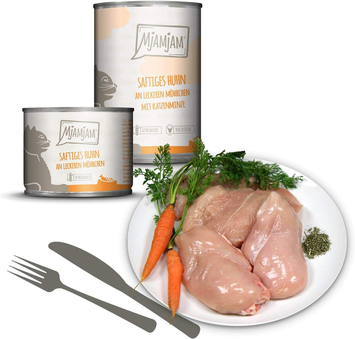 Mjamjam - Hrană umedă premium pentru pisici - Mixpaket II - Game & Rabbit, Turkey & - Hrană umedă premium pentru pisici - Pui suculent cu morcovi gustoși, pachet de 6 (6 X 800 G)