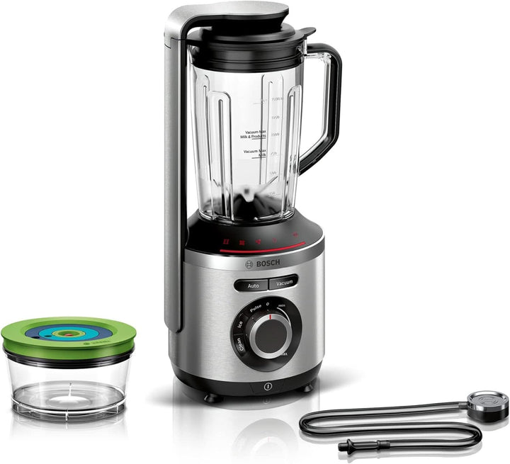 Bosch Vakuum-Standmixer Vitapower Serie 8 MMBV621M, Starke Mixleistung, Vitaminschonende Zubereitung, 4 Automatikprogramme, Vakuum-Togo Flasche, 37,000 U/Min, 1000 W, Silber