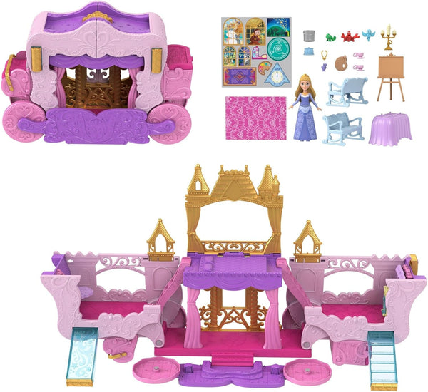 Mattel Disney Princess Transforming Playset Carriage to Castle With Little Aurora Doll, 3 nivele, 6 zone de joc, 4 figuri, mobilier și accesorii HWX17