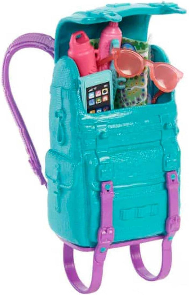Barbie Camping Series, păpușă 1X cu păr blond, rucsac de drumeție, echipament de exterior, binoclu, hartă, cățel, accesorii, cadou pentru copii, jucărie de la 3 ani,Hdf73