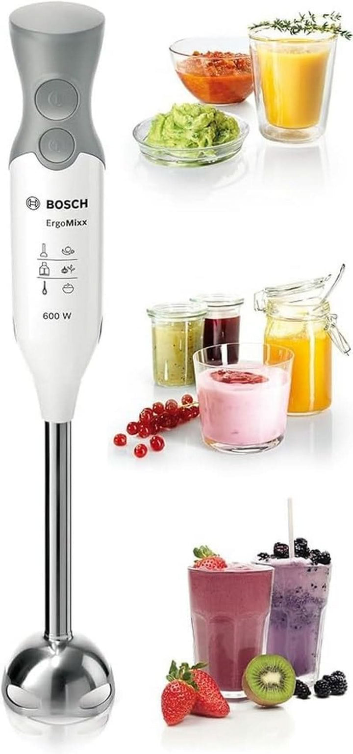 Bosch Stabmixer Ergomixx MSM66110, Edelstahl-Mixfuß, Mix- Und Messbecher, 2 Geschwindigkeitsstufen, Leichtes Gehäuse, 4-Klingen-Messer, Einfache Reinigung, 600 W, Weiß/Grau