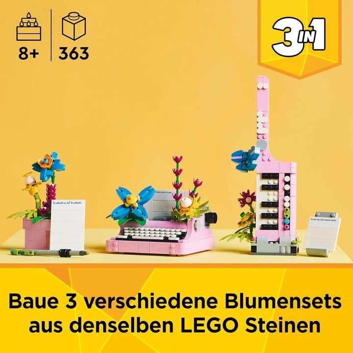 LEGO Creator 3In1 Mașină de scris cu flori - jucărie convertibilă într-un model Keytar sau într-un ghiveci de flori cu blocnotes și stilou - set de construcție - cadou pentru fete și băieți de la 8 ani 31169